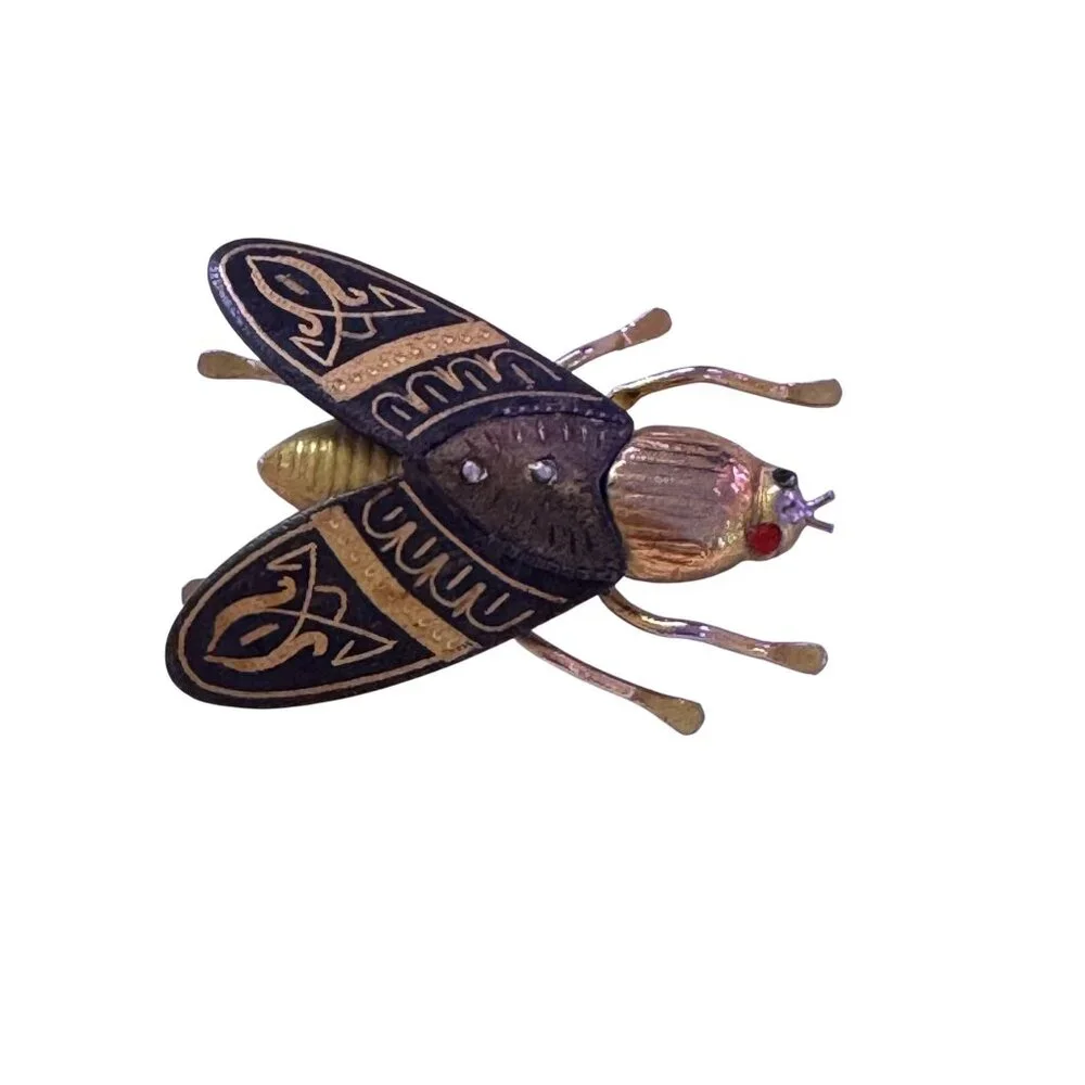 Vtg 70s Insect Brooch/Pin Gold Tone Black Enamel Wings Geometric Pattern Wings - Picture 2 of 7
